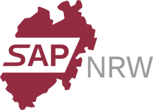 Das Bild zeigt das Logo des Projektes SAP.NRW in den Farben rot und grau.