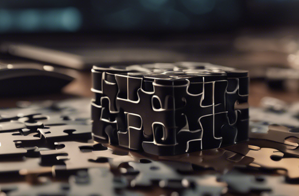Es ist eine Fläche zu sehen, die mit einzelnen Puzzleteilen bedeckt ist. Daraus liegt oder steht eine Art Würfel, der aus diversen Puzzleteilen zusammen gesetzt ist.